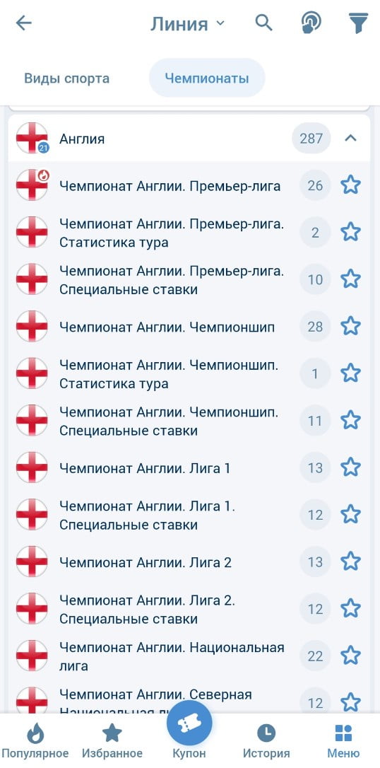 Список чемпионатов в приложении