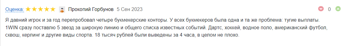 Рецензия про широкий ассортимент видов спорта и быстрые выплаты в БК 1Вин