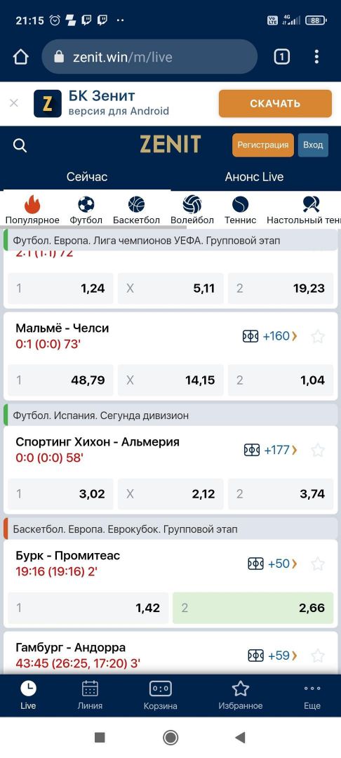 Основная страница мобильной версии Zenit