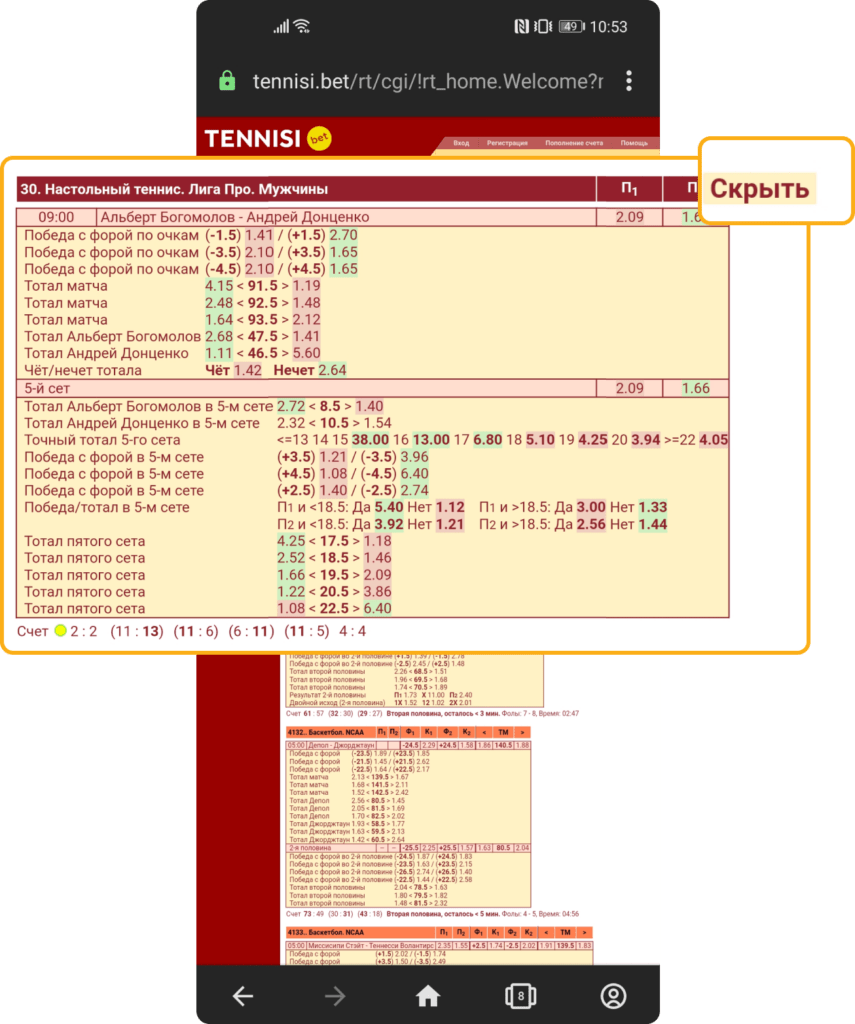 Интерфейс Live-линии на сайте БК Тенниси