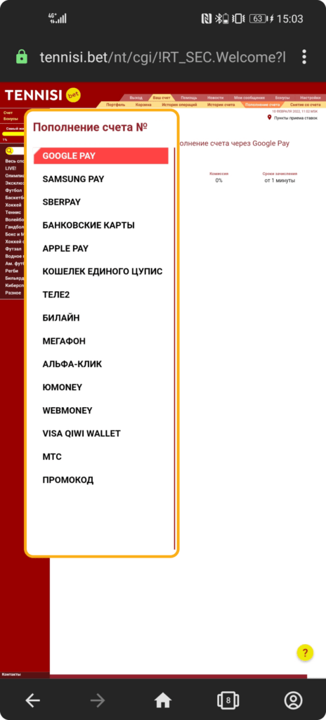Доступные платежные системы при работе с БК Тенниси
