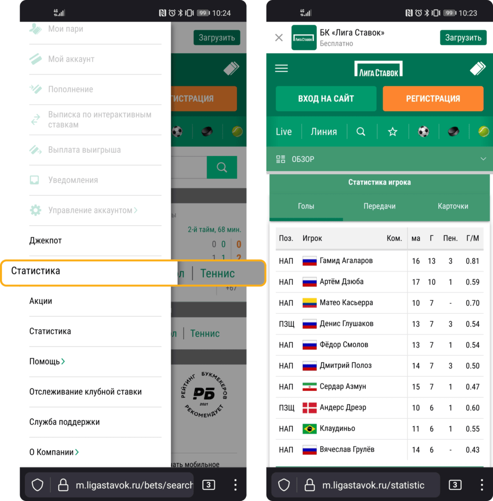 Вкладка Статистика на сайте БК Лига Ставок