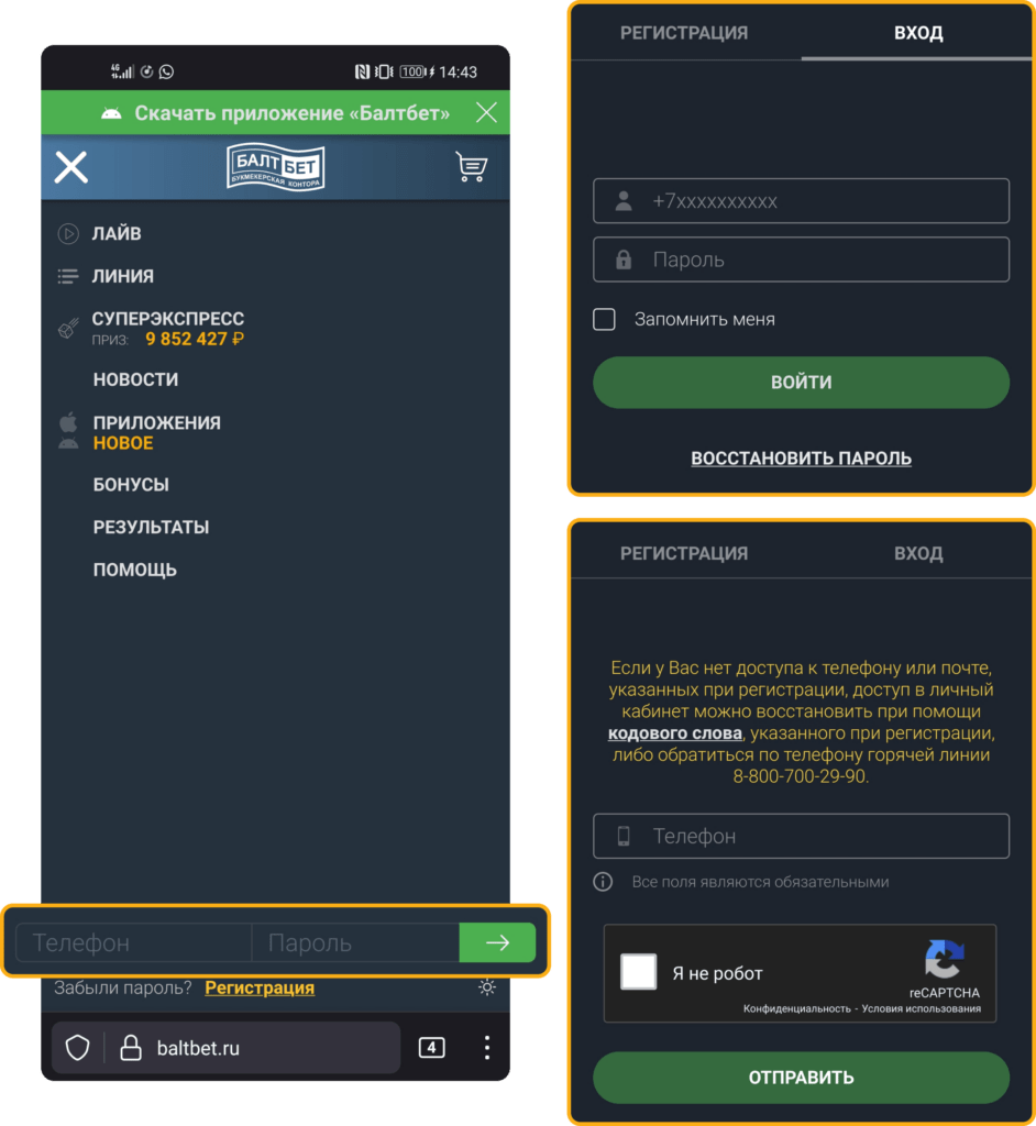 Авторизация на сайте БК Балтбет