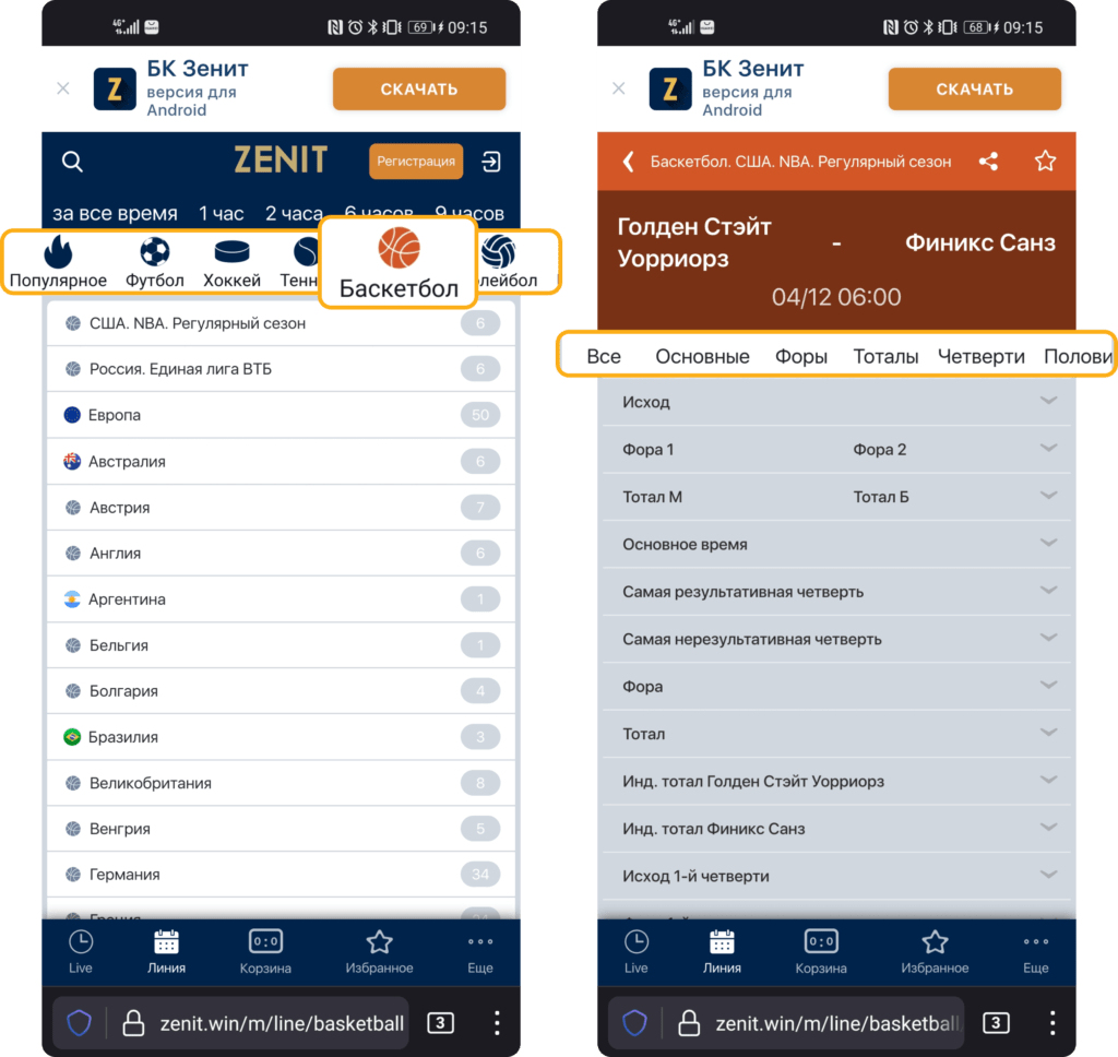 Ставки на баскетбол на сайте БК Зенит