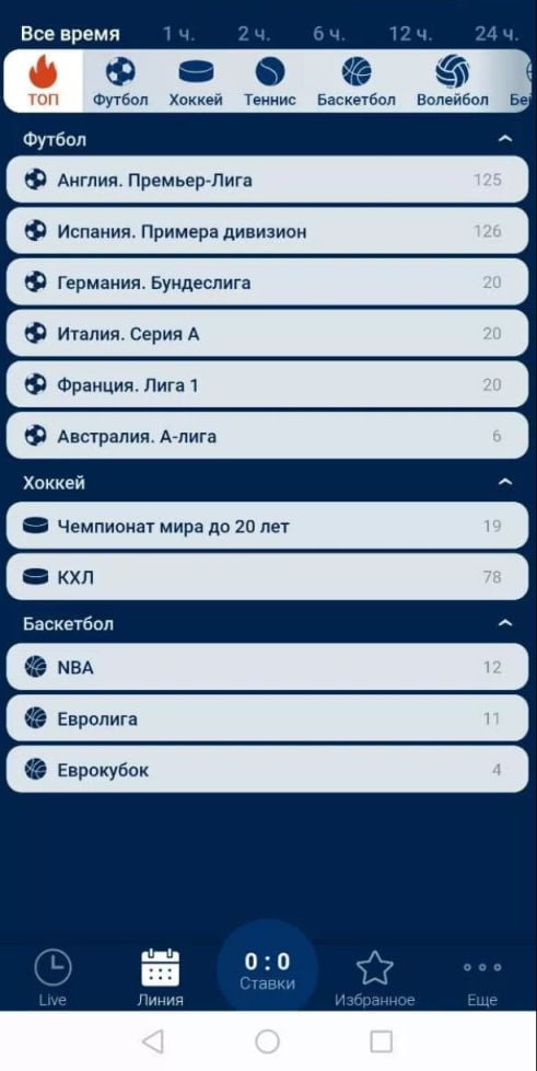 Линия букмекерской конторы Зенит