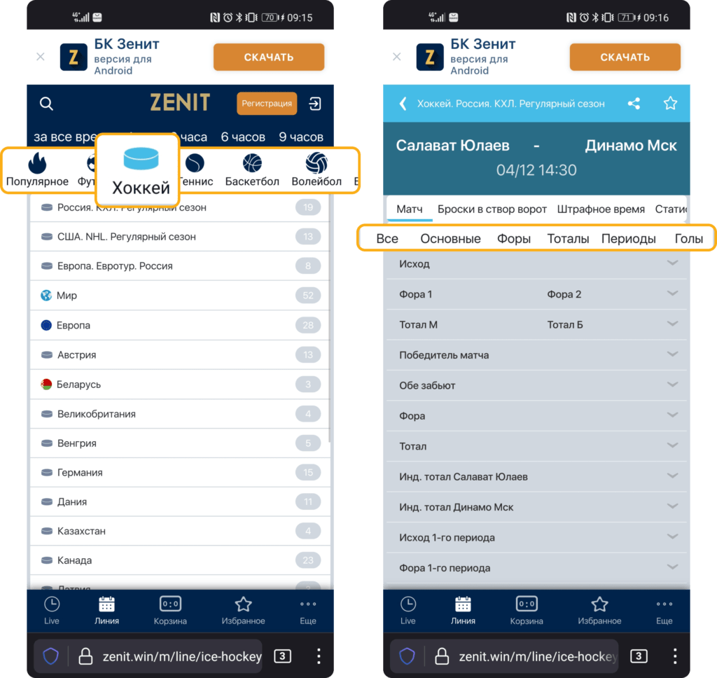 Ставки на хоккей на сайте БК Зенит