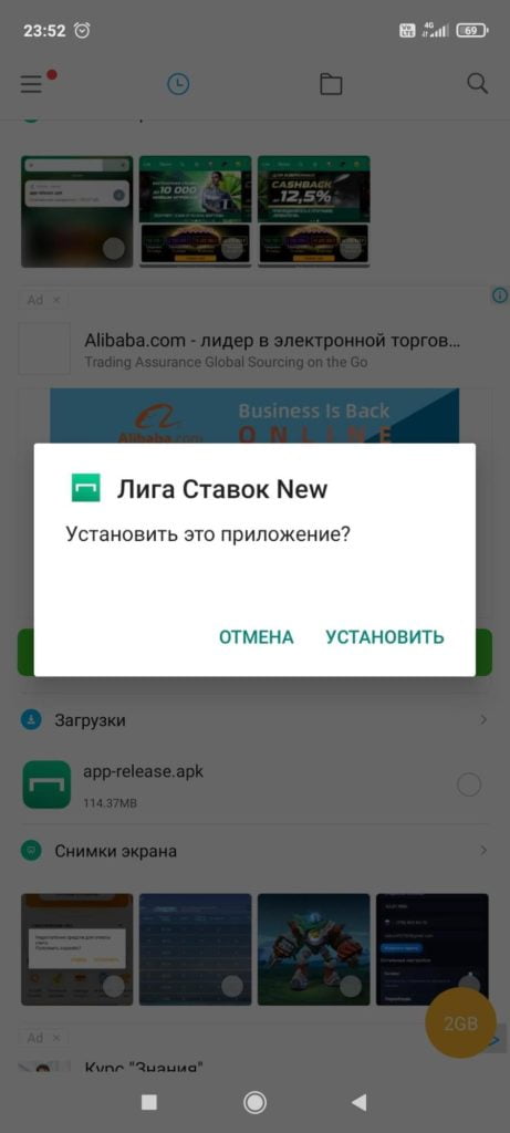 Начало установки приложения Лиги Ставок