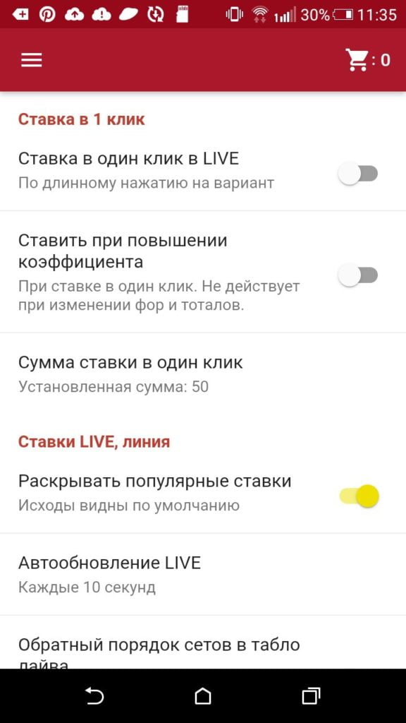  раздел настроек приложения Tennisi