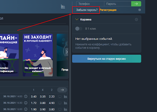 опция забыли пароль Балтбет