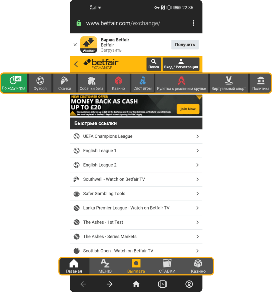 Главная страница сайта БК Betfair