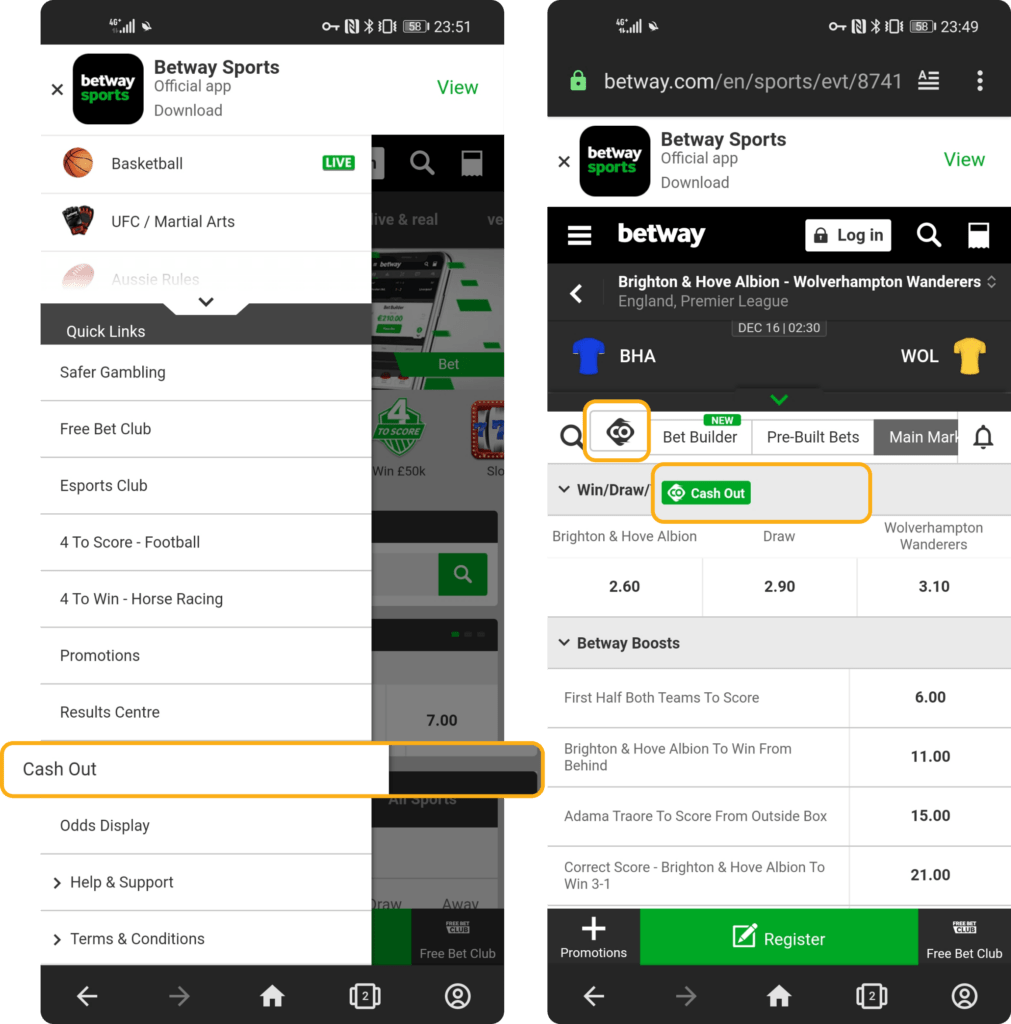 Cash out на сайте БК Betway