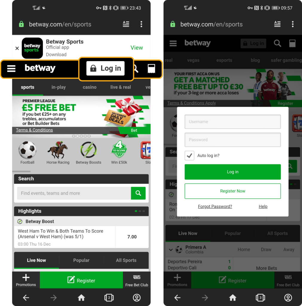 Авторизация на сайте БК Betway