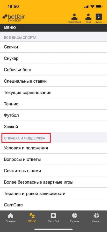 справка и поддержка приложения Betfair