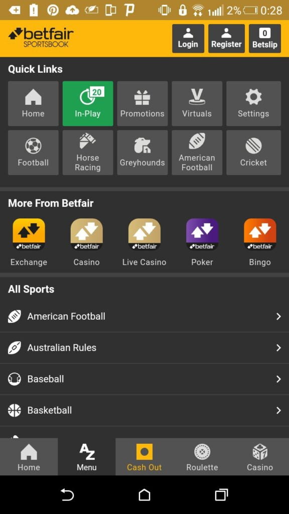 меню приложения Betfair на Андроид