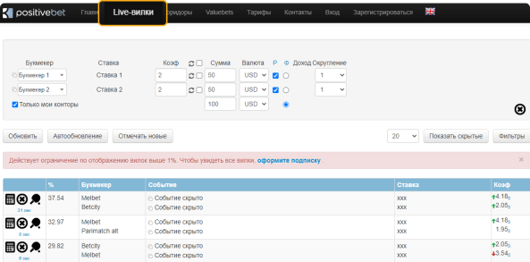 Live-вилки PositiveBet