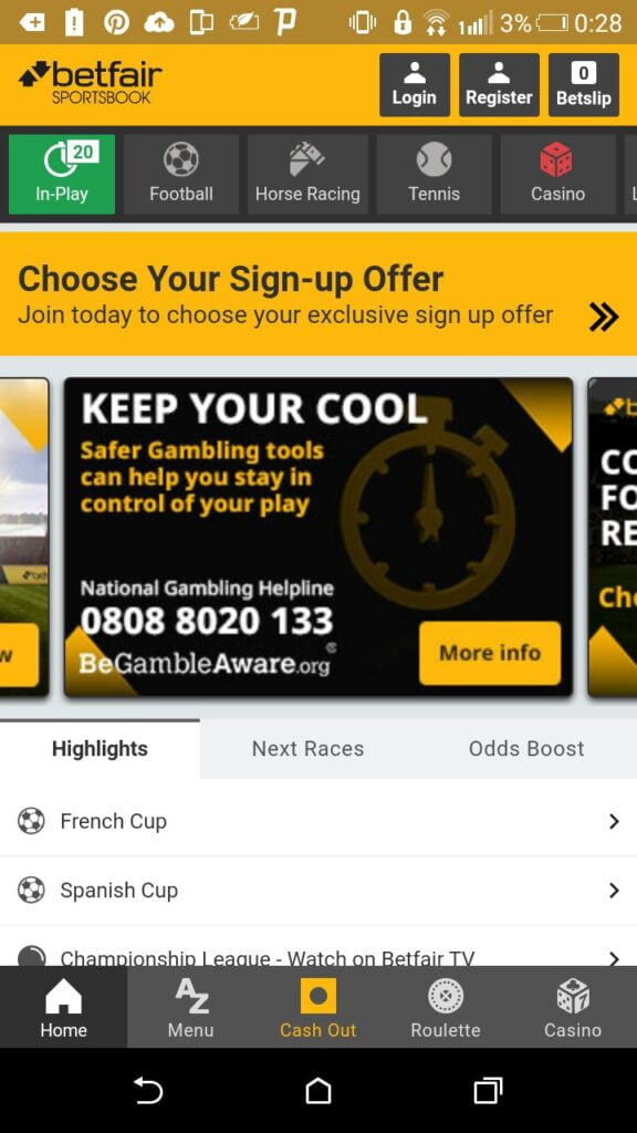 главная страница приложения Betfair для Андроид