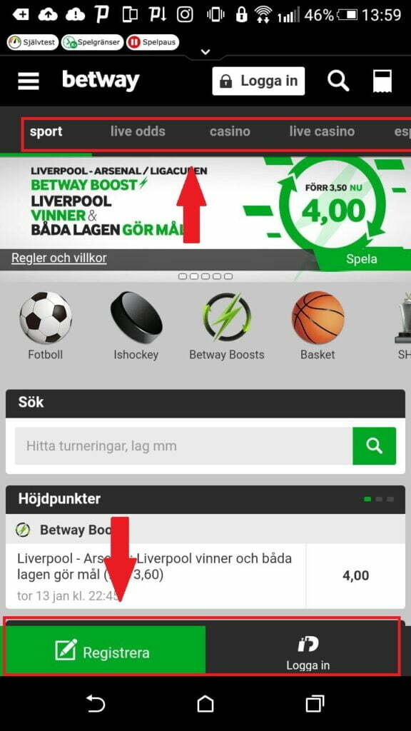 интерфейс и расположение меню в приложении Betway на Android
