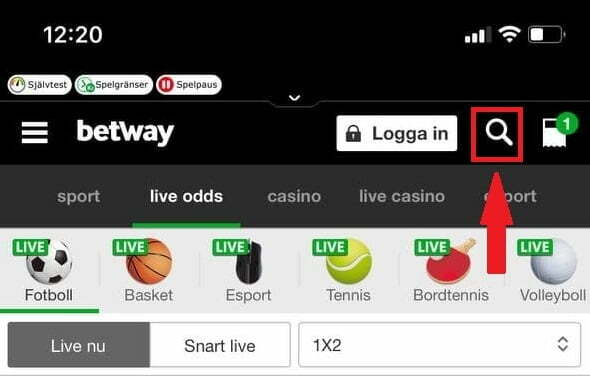 функция поиска в приложении Betway на iOS