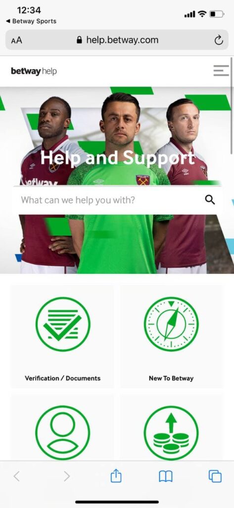 служба поддержки в приложении Betway на iOS