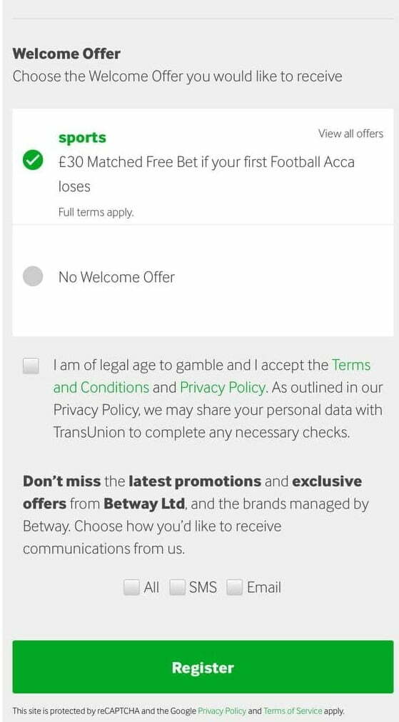 кнопка регистрации в приложении Betway на iPhone
