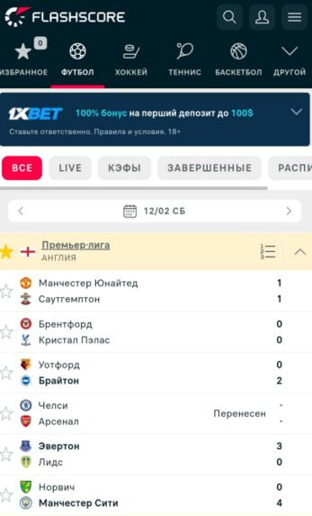 Главная страница сайта flashscore.com.ua