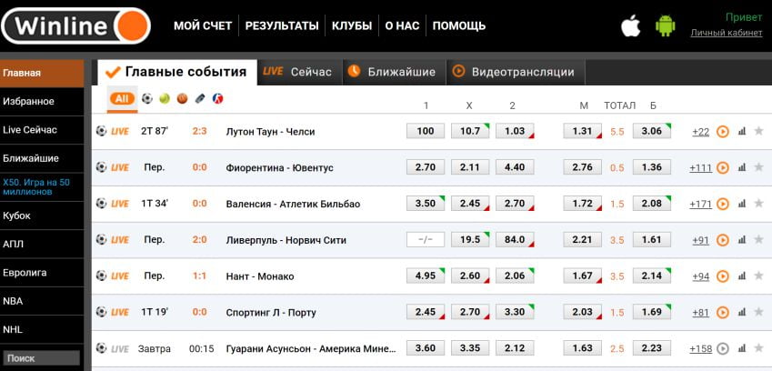 Главная страница Winline