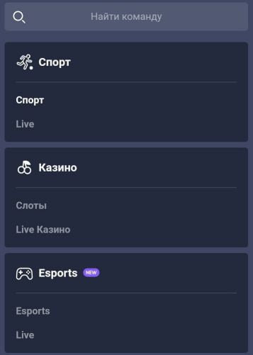 выпадающее меню приложения Betmaster на Android