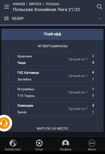 статистика на хоккей в приложении GGBet на Андроид