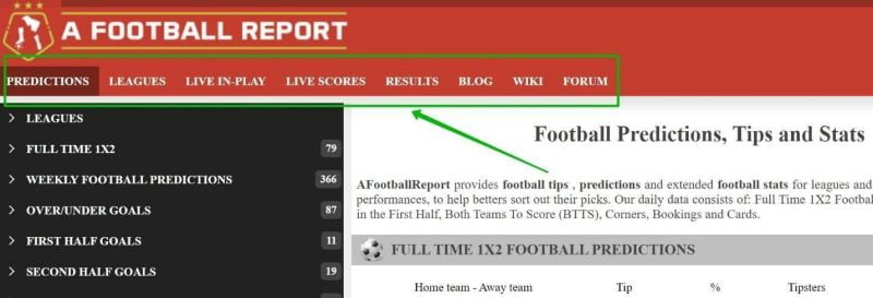 Основное меню сервиса