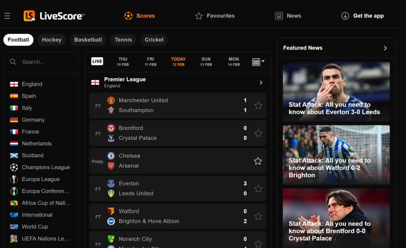 Главная страница сайта livescore.com