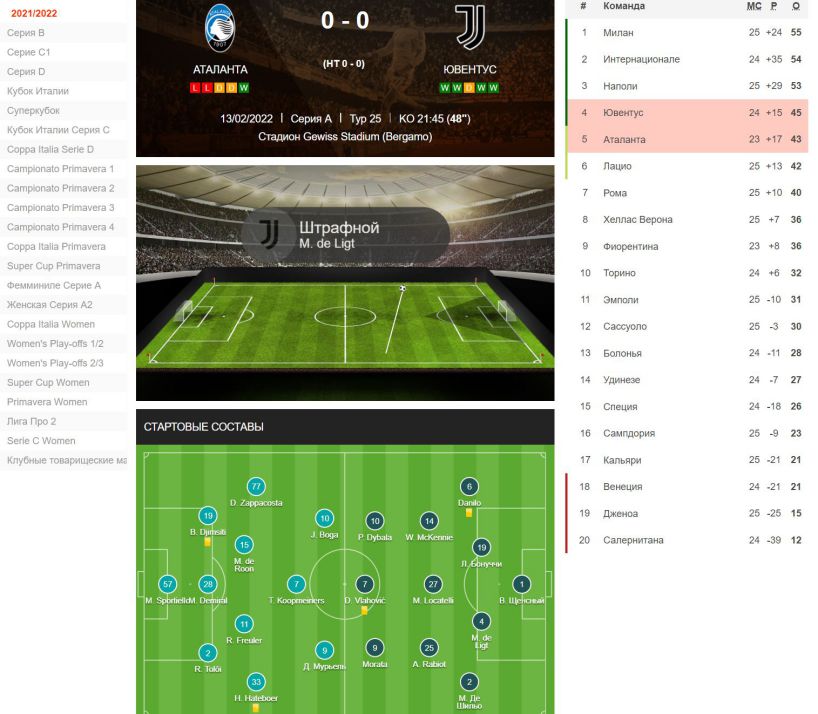 Информация о матче в режиме live