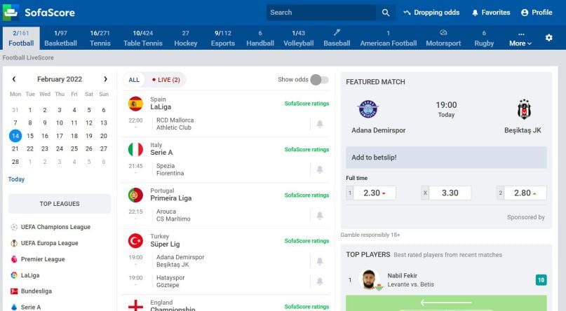 Главная страница Sofascore
