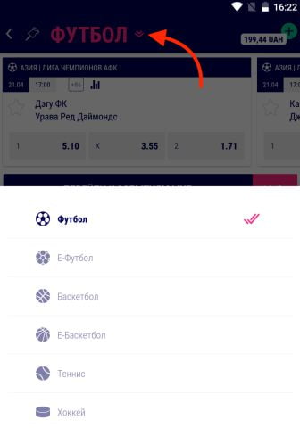 Выбор вида спорта в приложении