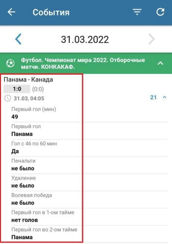 результаты в приложении Бетсити для Андроид