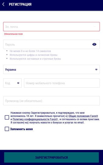 Заполнение полей для регистрации