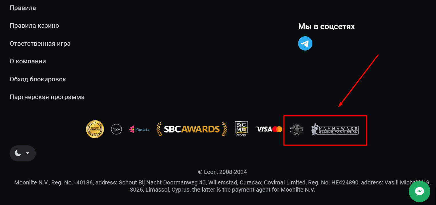 Информация о лицензии Данные о лицензии с кнопками-валидаторами на сайте БК Leon