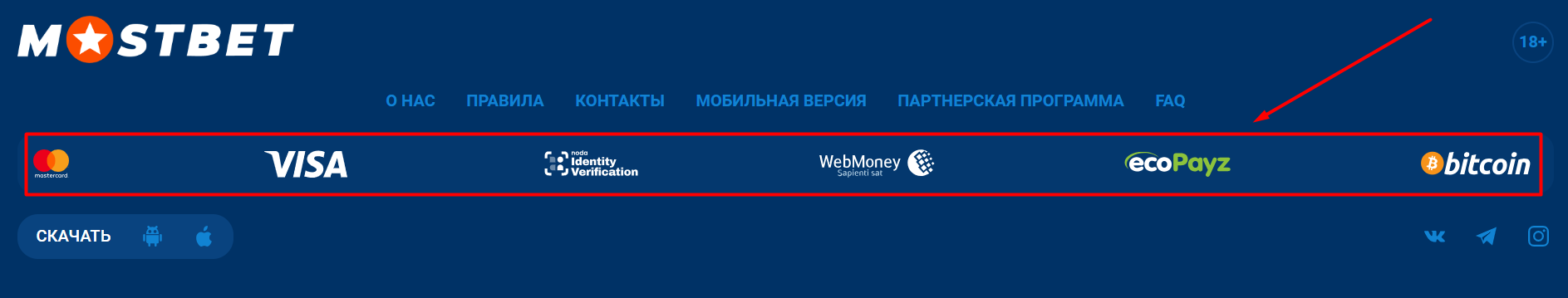 Платежные системы Список платежных методов в футере сайта БК Mostbet