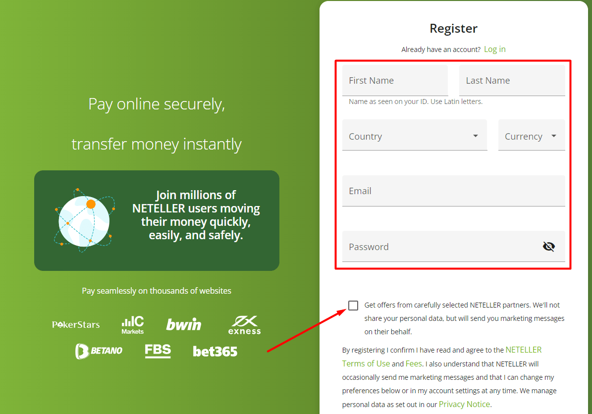 Форма для открытия учетной записи на официальном сайте Neteller