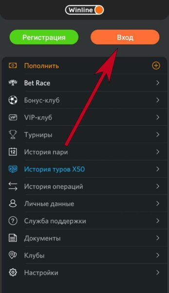 Клавиша авторизации в приложении Winline