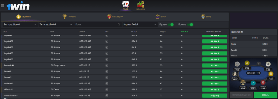 Раздел покера в букмекерской конторе 1Вин