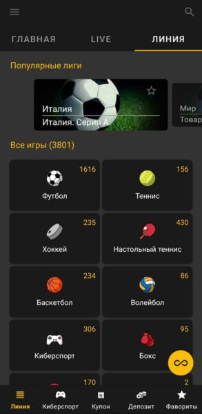 Список стран и лиг в основном меню приложения Melbet