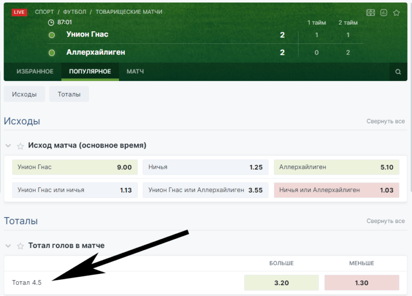 Ставка на исход ТБ 4.5 в матче Унион Гнас – Аллерхайлиген в БК Фонбет