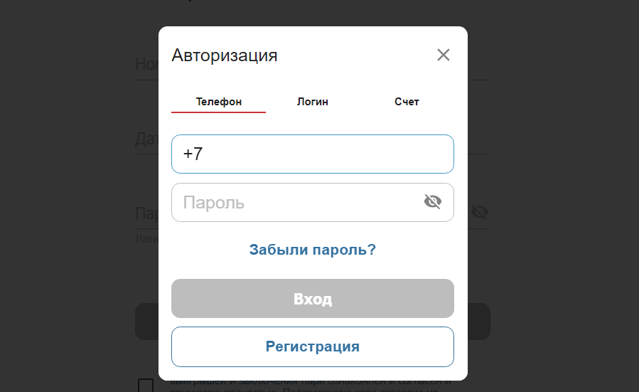 Анкета для ввода логина и пароля в БК Бетсити