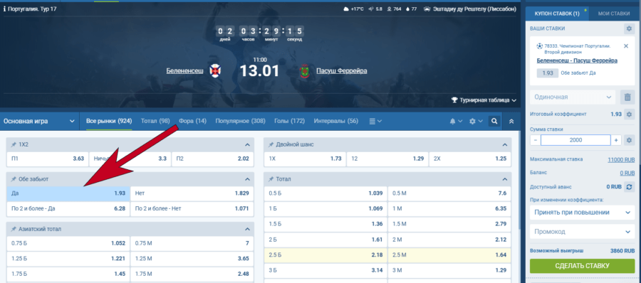 Ставка на второй дивизион Португалии на исход «Обе забьют» в 1xBet