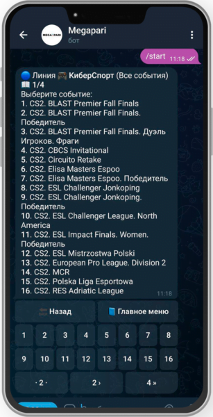 Выбор матчей по киберспорту в боте БК Megapari
