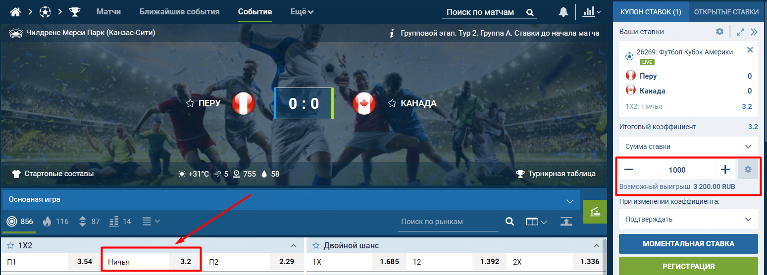 Пари на ничью в футбольном матче Перу – Канада в БК 1xBet